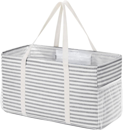 Extra Large Tote Bag, Reable Grocery Bags with Metal Wire Frame and Handles, Standing Utility Foldable Shopping Bags for Storage, Picnics, Beach, Laundry, Car, 46L, 1 Pack, Gray