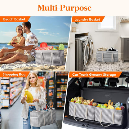 Extra Large Tote Bag, Reable Grocery Bags with Metal Wire Frame and Handles, Standing Utility Foldable Shopping Bags for Storage, Picnics, Beach, Laundry, Car, 46L, 1 Pack, Gray
