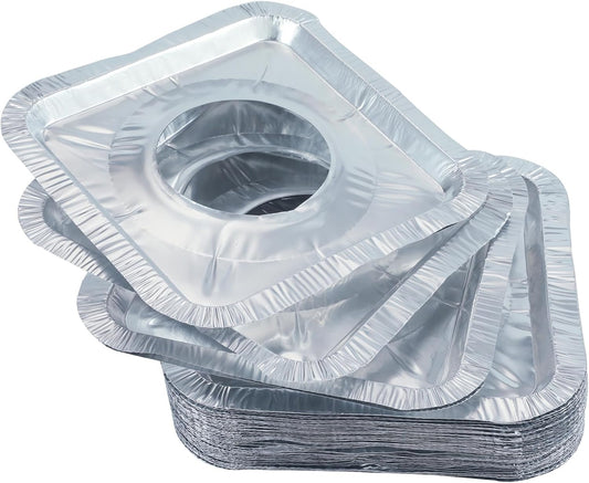 Gas Burner Liners (50 Pack) 8.5" Disposable Aluminium Foil Square Stove Covers - Range Protector to Catch Oil, Grease and Food Spills