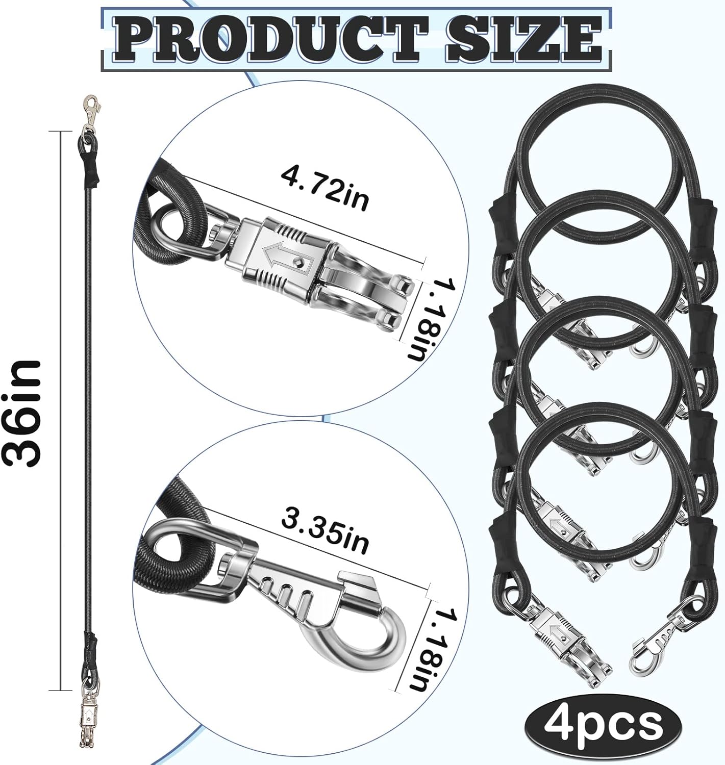 4 Pack Bungee Cross Ties Set Horse Trailer Tie Straps Bulk Cords with Snaps for Accessories, 36 Inch Long (Black) Black -