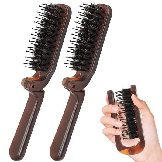Biaungdo 2 Pack Foldable Hair Brush, Boar Bristle Hair Brush for Women & Men, Mini Travel Hairbrush Portable Collapsible Pocket Comb for Any Hair Types (Amber)