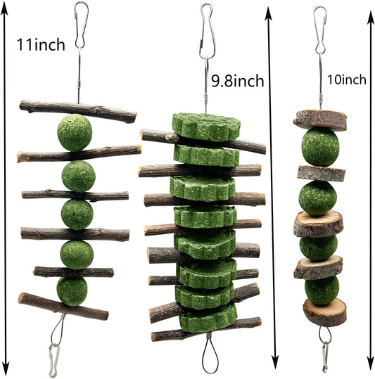 BallHull 3 Pcs Bunny Teeth Grinding Chew Toys, Apple Branch Chewing Sticks with Grass Ball and Grass Cake for Rabbits Bunnies Hamsters Guinea Pigs