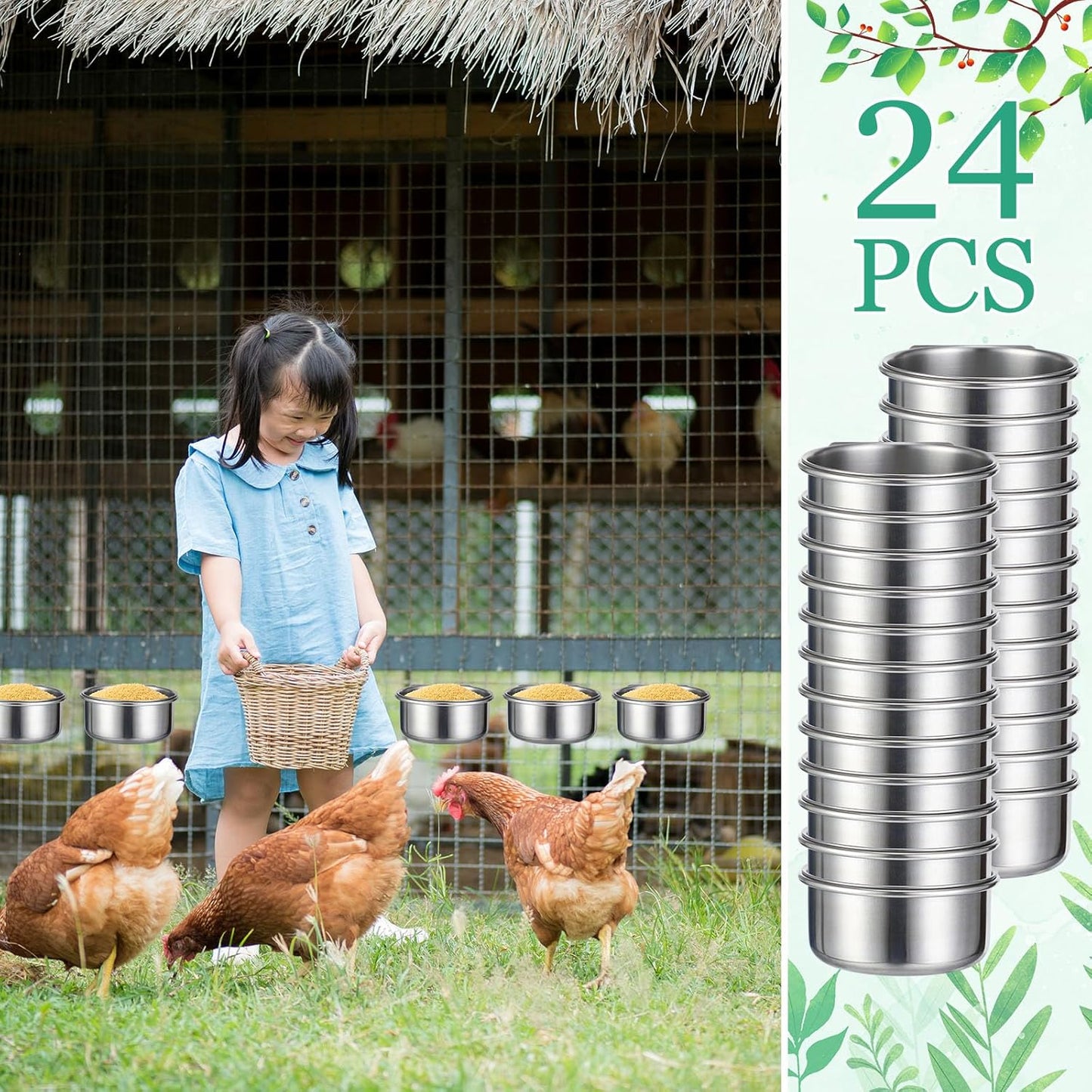 24 Pcs Stainless Steel Parrot Food Bowls Bulk 10 oz Bird Feeding Dish Cups for Cages Bird Bowls with Clamp Pet Water Feeders Cage Accessories for Parakeet Parrot Budgie Rabbit Chicken