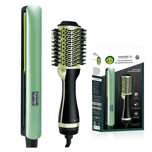 Green Hair Straightening Comb Avocado & Macadamia Oil Infused Hair Straightener & Volumizing Brush Set - Anti-Frizz Ceramic Ion Technology - LCD Precision Heat Control Up to 250°C - Healthy Glow Styling Kit for Smooth & Shiny Hair