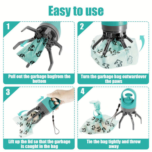 Blue Portable 6-Claw Pet Pooper Scooper - Hands-Free Dog Waste Picker with Integrated Bag Dispenser and Storage Cap - Lightweight Sanitary Waste Removal Tool for Outdoor Walking and Travel