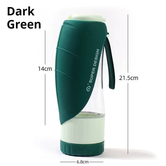 Green 2-in-1 Portable Dog Water Bottle and Food Container - Leaf-Shaped Silicone Travel Bowl for Pets, Leak-Proof Outdoor Dispenser for Walking, Hiking and Traveling, 330ml Capacity