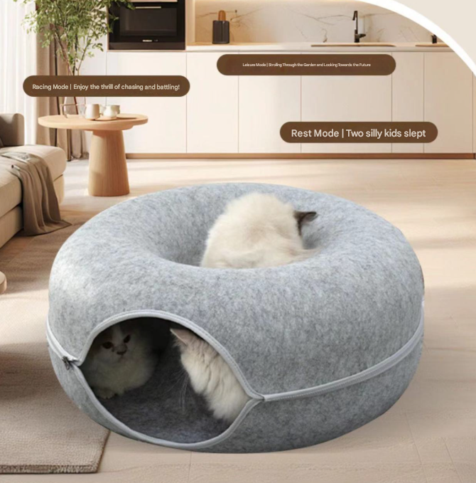 Beige Felt Donut Cat Bed with Zipper Tunnel Toy, Double-Layer Pet Cave for Cats, M Size (50x20cm), Cozy Hideaway for Indoor Cats
