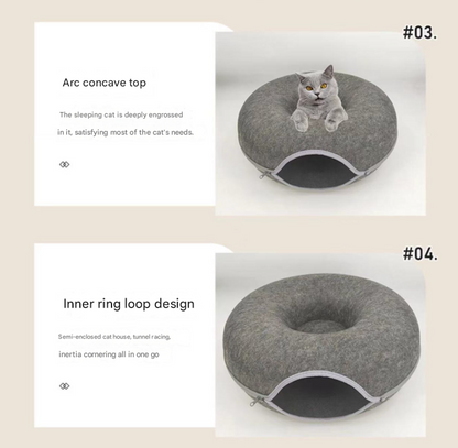 Pink Felt Donut Cat Bed with Zipper Tunnel Toy, Double-Layer Pet Cave for Cats, M Size (50x20cm), Cozy Hideaway for Indoor Cats
