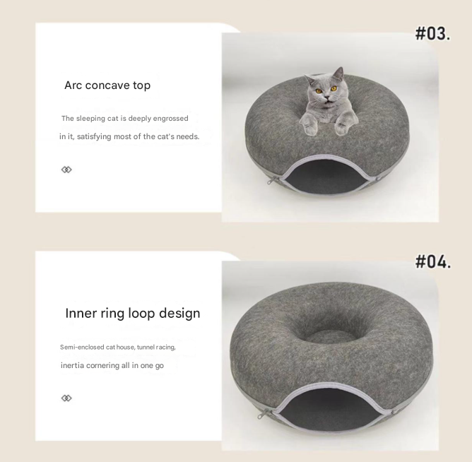 Sky blue Felt Donut Cat Bed with Zipper Tunnel Toy, Double-Layer Pet Cave for Cats, M Size (50x20cm), Cozy Hideaway for Indoor Cats