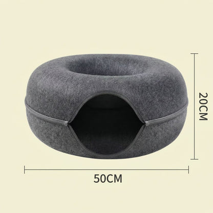 Dark grey Felt Donut Cat Bed with Zipper Tunnel Toy, Double-Layer Pet Cave for Cats, M Size (50x20cm), Cozy Hideaway for Indoor Cats