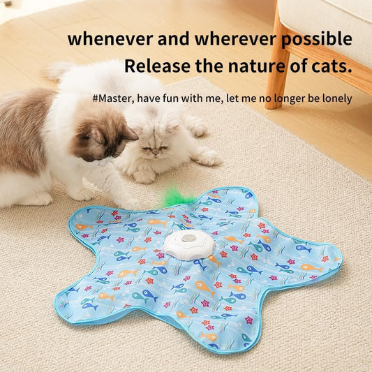 Automatic Cat Hunting Game Mat with 360° Teaser Wand, USB-C Rechargeable Interactive Pet Toy for Indoor Cats, Self-Entertainment Hide-and-Seek Play Mat, Durable Fabric & ABS Construction(Five-pointed fish design)