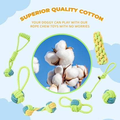 7-Piece Green Durable Cotton Rope Dog Toy Set - Washable Knotted Ball & Tug Toys for Aggressive Chewers, Interactive Teeth Cleaning Pet Toy for Small to Medium Dogs & Cats