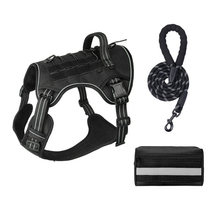 3-Piece Black Tactical Dog Harness Set (M Size) - Heavy Duty No-Pull Vest with Detachable Tactical Pouch & Climbing Rope Leash