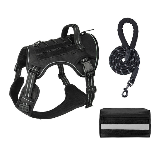 3-Piece Black Tactical Dog Harness Set (L Size) - Heavy Duty No-Pull Vest with Detachable Tactical Pouch & Climbing Rope Leash