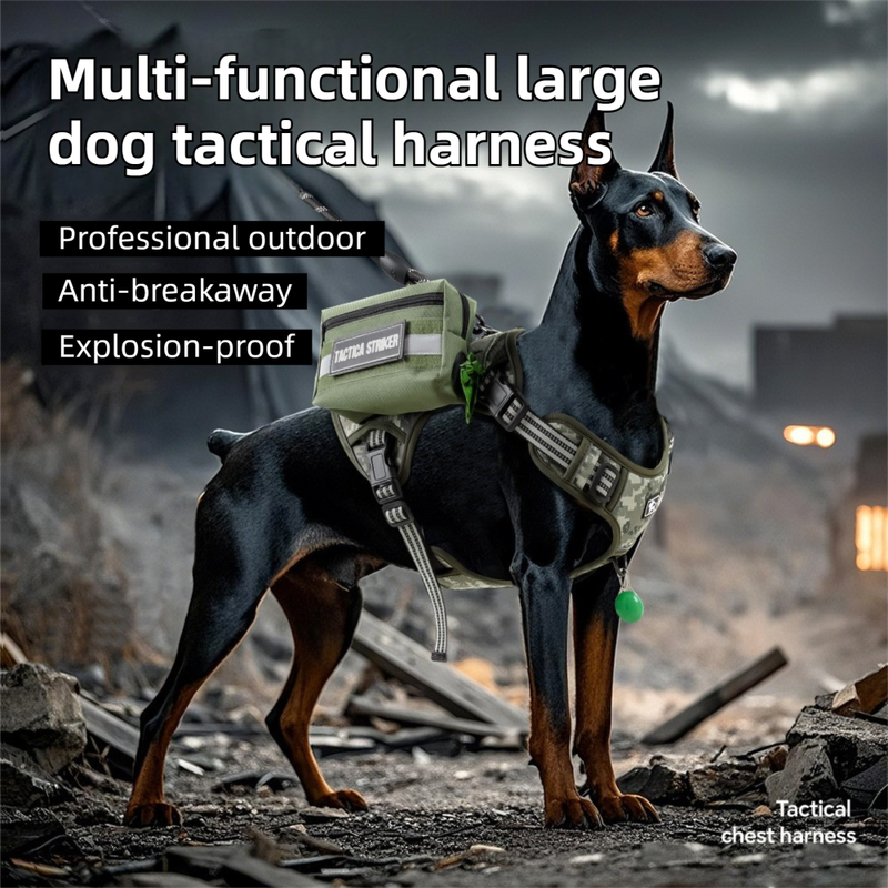 3-Piece Green Tactical Dog Harness Set (S Size) - Heavy Duty No-Pull Vest with Detachable Tactical Pouch & Climbing Rope Leash