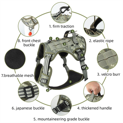 3-Piece Green Tactical Dog Harness Set (S Size) - Heavy Duty No-Pull Vest with Detachable Tactical Pouch & Climbing Rope Leash