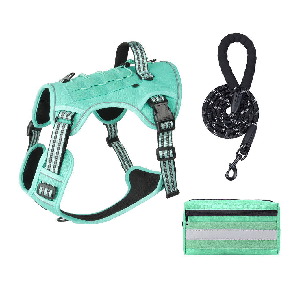 3-Piece Green Tactical Dog Harness Set (L Size) - Heavy Duty No-Pull Vest with Detachable Tactical Pouch & Climbing Rope Leash