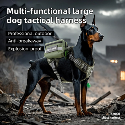 3-Piece Green Tactical Dog Harness Set (L Size) - Heavy Duty No-Pull Vest with Detachable Tactical Pouch & Climbing Rope Leash