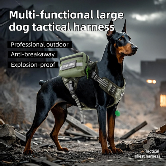 3-Piece Green Tactical Dog Harness Set (L Size) - Heavy Duty No-Pull Vest with Detachable Tactical Pouch & Climbing Rope Leash
