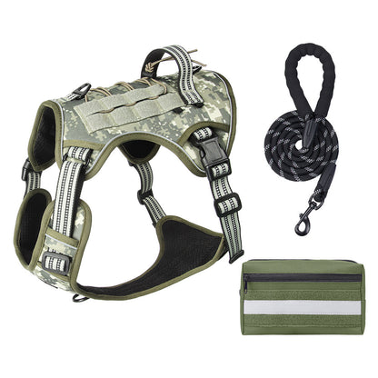 3-Piece Camouflage Tactical Dog Harness Set (XL Size) - Heavy Duty No-Pull Vest with Detachable Tactical Pouch & Climbing Rope Leash