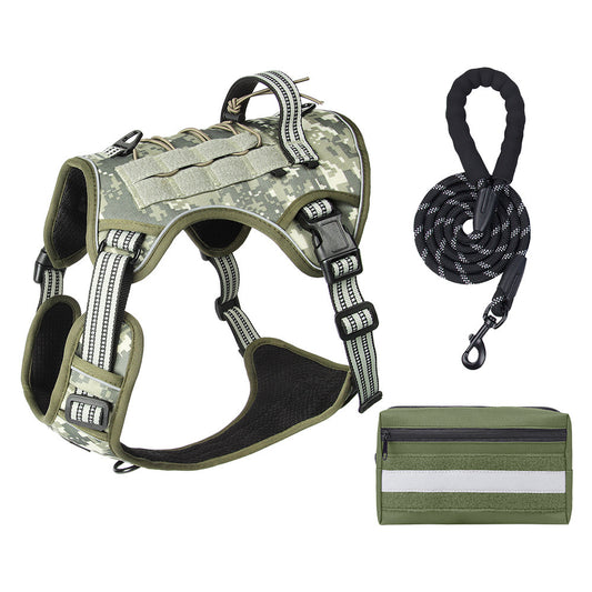 3-Piece Camouflage Tactical Dog Harness Set (XL Size) - Heavy Duty No-Pull Vest with Detachable Tactical Pouch & Climbing Rope Leash