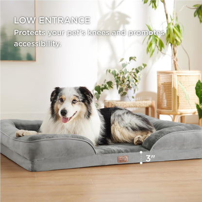 Grey Waterproof Egg-Crate Foam Therapeutic Pet Sofa Bed and Fleece Lounge (XL Size 110 x 82 x 17 CM) - Low Entry, High Bolster Support & Zipper Removable Cover
