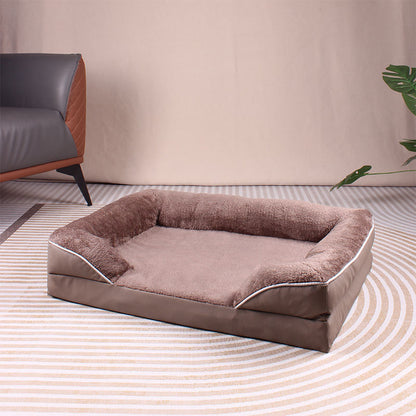 Brown Waterproof Egg-Crate Foam Therapeutic Pet Sofa Bed and Fleece Lounge (M Size 74 x 53 x 17 CM) - Low Entry, High Bolster Support & Zipper Removable Cover