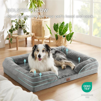 Brown Waterproof Egg-Crate Foam Therapeutic Pet Sofa Bed and Fleece Lounge (M Size 74 x 53 x 17 CM) - Low Entry, High Bolster Support & Zipper Removable Cover