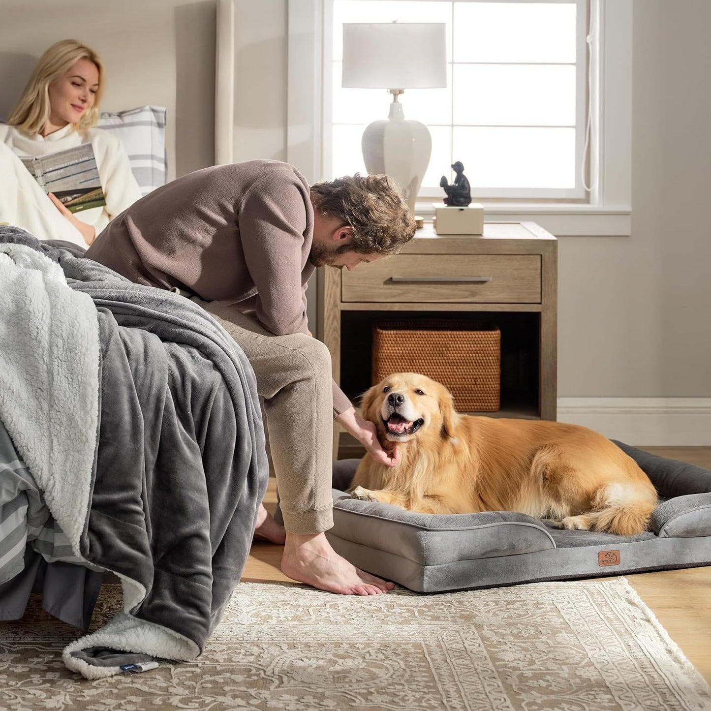 Beige Waterproof Egg-Crate Foam Therapeutic Pet Sofa Bed and Fleece Lounge (M Size 74 x 53 x 17 CM) - Low Entry, High Bolster Support & Zipper Removable Cover