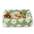 63x53x17 CM Cute Square Plush Pet Bed with Removable Cover & 5 Bolsters Support - Green Daisies Machine - MDM Australian