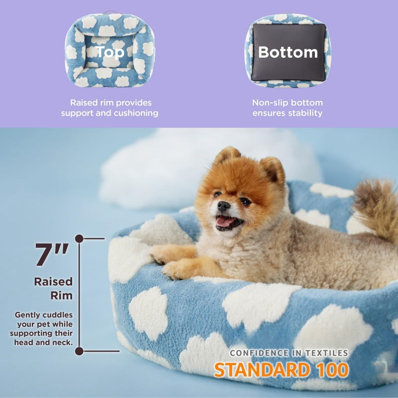 50x48x15 CM Cute Square Plush Pet Bed with Removable Cover & 5 Bolsters Support - Brown Plaid Machine Washable Calming Dog & Cat Sofa