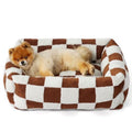 63x53x17 CM Cute Square Plush Pet Bed with Removable Cover & 5 Bolsters Support - Brown Plaid Machine - MDM Australian