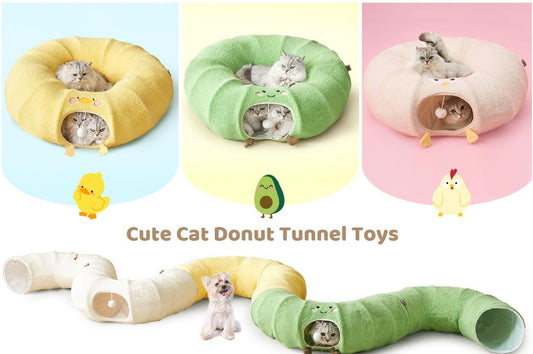 Yellow Cute Foldable Cat Tunnel Bed with Dual-Zipper Detachable & Connectable Design - 2-in-1 Versatile Circular Doughnut Nest & S-Curve Play Center, Easy Fold-Away Storage (85x85x26CM)