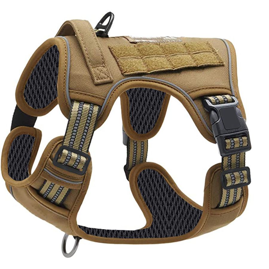 Khaki Professional Adjustable Tactical Dog Mesh Harness - Reflective No-Pull Pet Vest with Control Handle (XL Size for Weight 75-135 lbs)