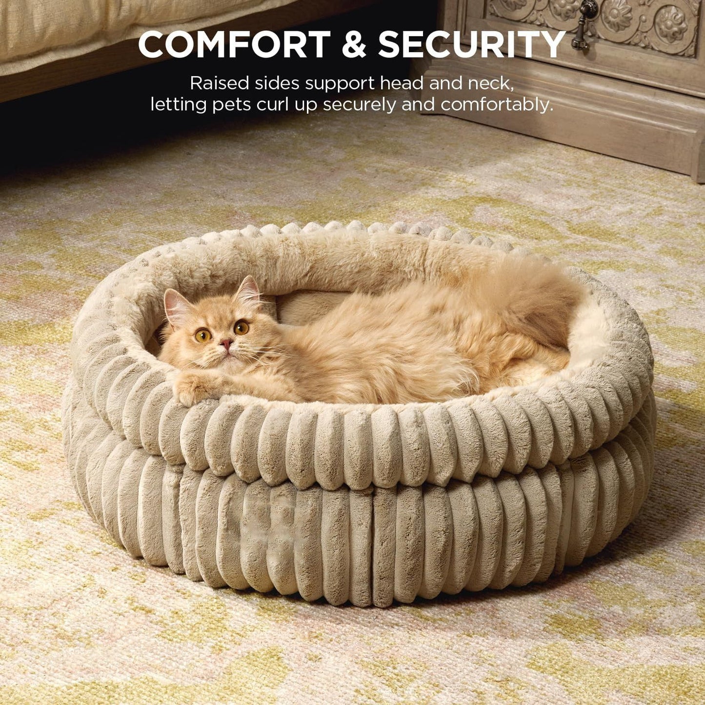 50x50x18 CM Beige Ultra-Soft Thickened Round Pet Bed with Stripe Texture - Plush Self-Warming Donut Nest for Cats and Small Dogs