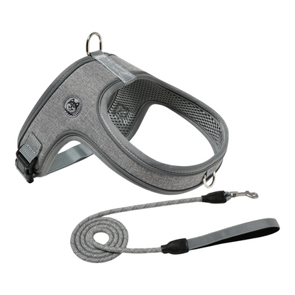 XS Size Grey Waterproof Reflective Saddle-Style Dog Harness & 1.5M Leash Set - Breathable Anti-Choke Escape-Proof Step-In Walking Gear