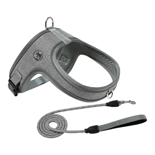 XS Size Grey Waterproof Reflective Saddle-Style Dog Harness & 1.5M Leash Set - Breathable Anti-Choke Escape-Proof Step-In Walking Gear