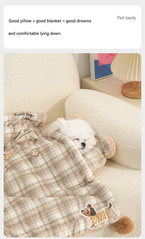 M size 2-Piece Plaid Apple Pet Blanket and Pillow Set - Soft Cotton Plush Sleeping Mat for Dogs and Cats, All-Season Reversible Cushion Bed with Cute Bear Pillow, Machine Washable Pet Bed Accessories