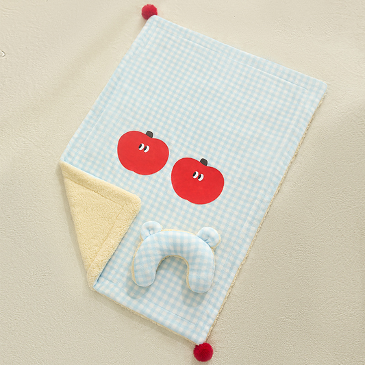 L size 2-Piece Plaid Apple Pet Blanket and Pillow Set - Soft Cotton Plush Sleeping Mat for Dogs and Cats, All-Season Reversible Cushion Bed with Cute Bear Pillow, Machine Washable Pet Bed Accessories