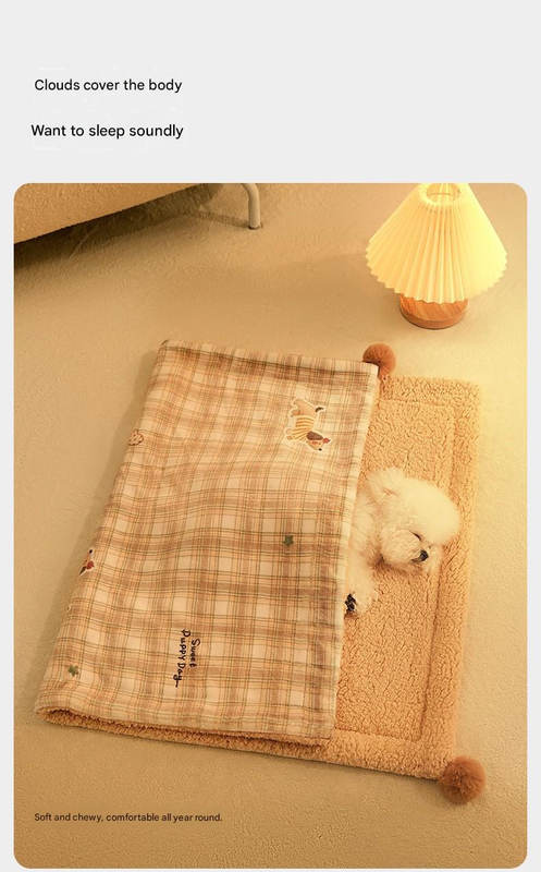L size 2-Piece Plaid Apple Pet Blanket and Pillow Set - Soft Cotton Plush Sleeping Mat for Dogs and Cats, All-Season Reversible Cushion Bed with Cute Bear Pillow, Machine Washable Pet Bed Accessories