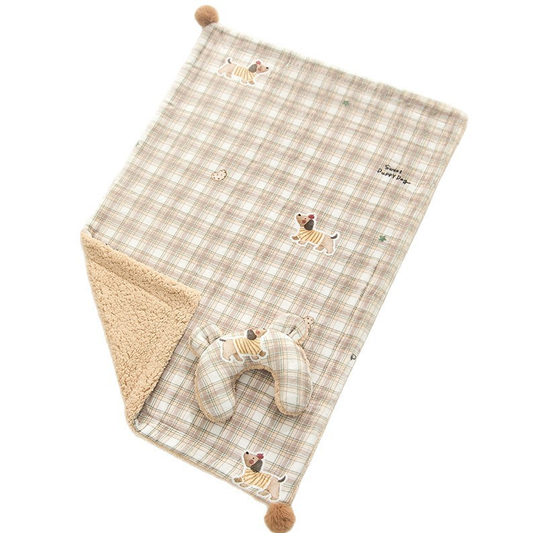 S size 2-Piece Plaid Puppy Pet Blanket and Pillow Set - Soft Cotton Plush Sleeping Mat for Dogs and Cats, All-Season Reversible Cushion Bed with Cute Bear Pillow, Machine Washable Pet Bed Accessories