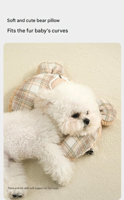 S size 2-Piece Plaid Puppy Pet Blanket and Pillow Set - Soft Cotton Plush Sleeping Mat for Dogs and Cats, All-Season Reversible Cushion Bed with Cute Bear Pillow, Machine Washable Pet Bed Accessories