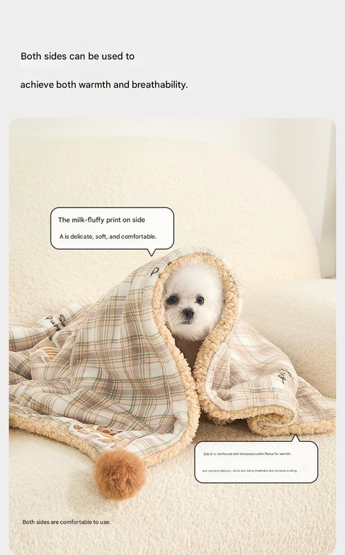 S size 2-Piece Plaid Puppy Pet Blanket and Pillow Set - Soft Cotton Plush Sleeping Mat for Dogs and Cats, All-Season Reversible Cushion Bed with Cute Bear Pillow, Machine Washable Pet Bed Accessories