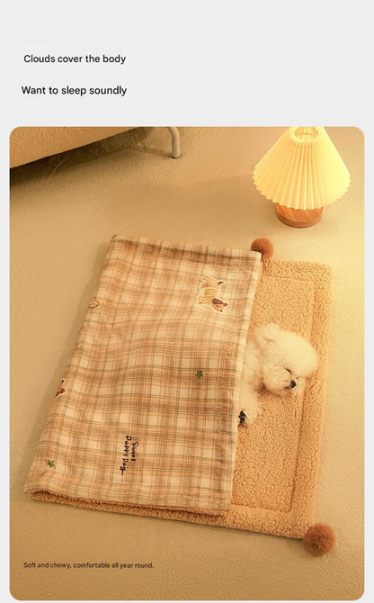 M size 2-Piece Plaid Puppy Pet Blanket and Pillow Set - Soft Cotton Plush Sleeping Mat for Dogs and Cats, All-Season Reversible Cushion Bed with Cute Bear Pillow, Machine Washable Pet Bed Accessories
