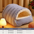 S size Blue Plaid Cat Cave Bed Winter Warm Enclosed Pet House Cozy Cat Sleeping Bag Semi-Enclosed Cat Nest - MDM Australian