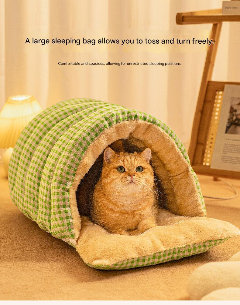 S size Blue Plaid Cat Cave Bed Winter Warm Enclosed Pet House Cozy Cat Sleeping Bag Semi-Enclosed Cat Nest Small Dog Bed PP Cotton Filling Washable Pet Supplies