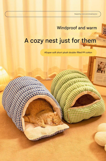S size Green Plaid Cat Cave Bed Winter Warm Enclosed Pet House Cozy Cat Sleeping Bag Semi-Enclosed Cat Nest Small Dog Bed PP Cotton Filling Washable Pet Supplies
