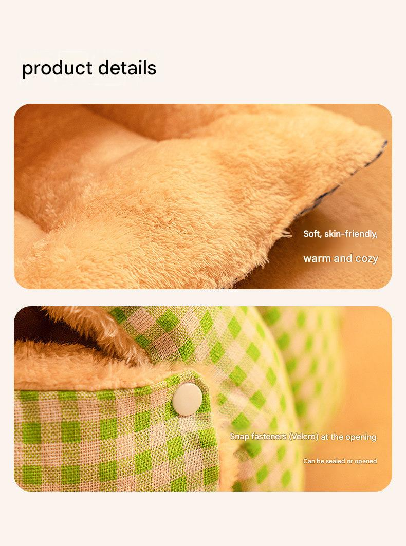 S size Green Plaid Cat Cave Bed Winter Warm Enclosed Pet House Cozy Cat Sleeping Bag Semi-Enclosed Cat Nest Small Dog Bed PP Cotton Filling Washable Pet Supplies