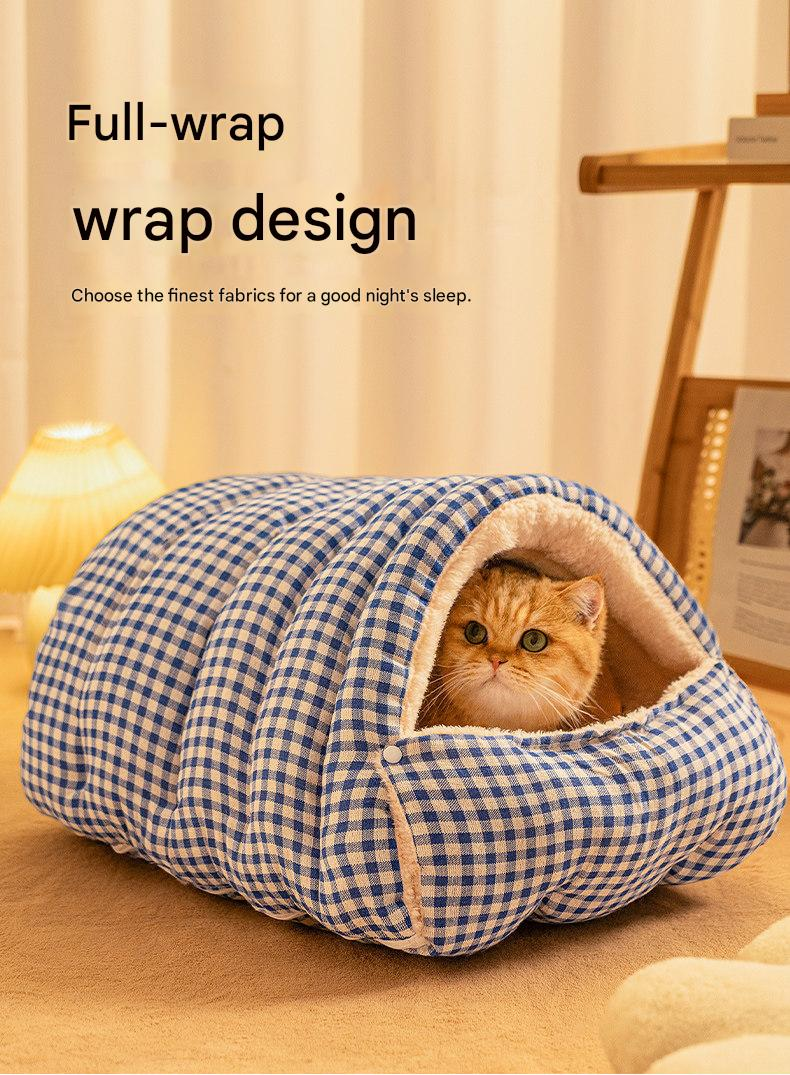 S size Pink Plaid Cat Cave Bed Winter Warm Enclosed Pet House Cozy Cat Sleeping Bag Semi-Enclosed Cat Nest Small Dog Bed PP Cotton Filling Washable Pet Supplies