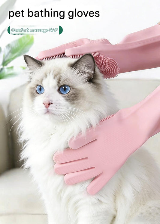 Orange Silicone Pet Bathing Gloves - Pink Double-Sided Design for Cats and Dogs - Gentle Massage, Easy Lather, Durable and Waterproof, Ideal for Pet Grooming and Home Use